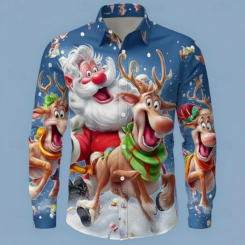 Men's Shirt 2026 New Christmas Men's Shirt Funny Santa Claus Trendy 3D Printed Long Sleeve Top Christmas Comfortable Men's Wear