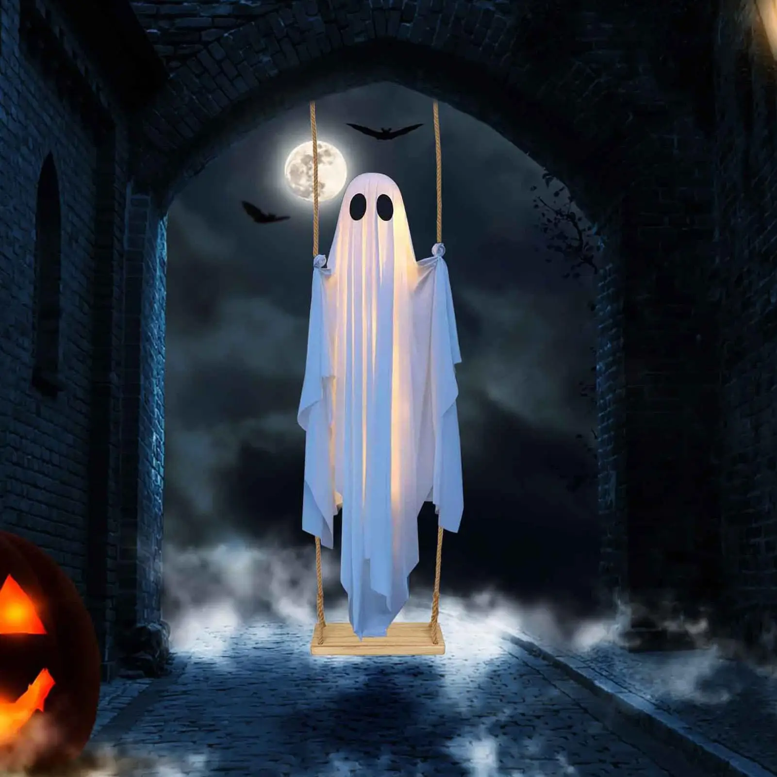 Hanging Ghost Swing Halloween Outdoor Decoration Cute Scary Ghost with String Lights for Tree Porch Yard Garden Lawn Party Decor