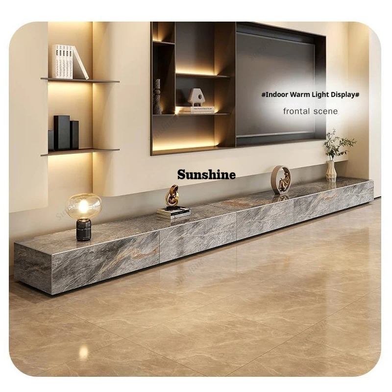 Glossy Grey Stone TV Platform, Italian Minimalist Media Console, EO Eco-Friendly&Large Storage, Durable&Easy Clean, Customizable