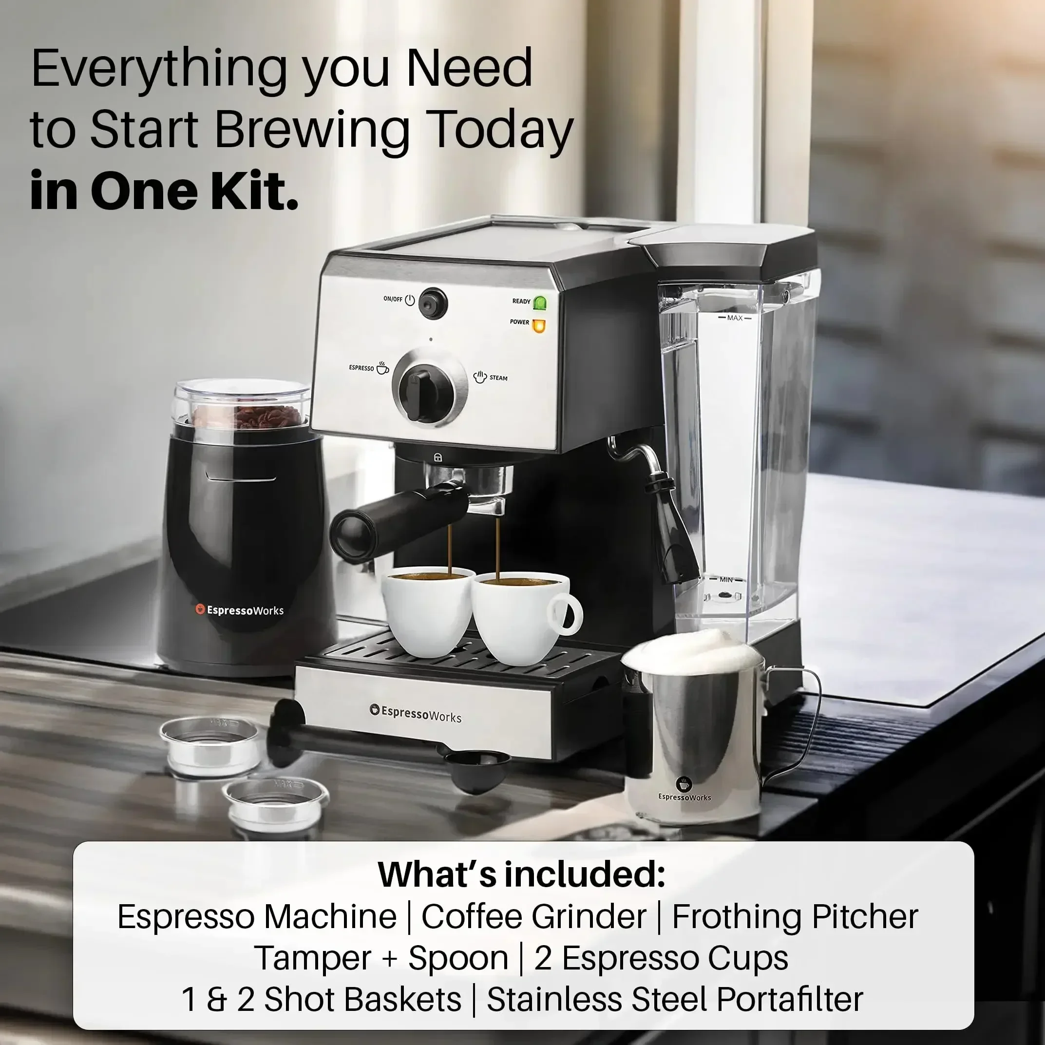 Espresso Machine with Milk Frother, All-in-One, Latte Maker, Grinder, Frothing Pitcher, Cups, 7-Piece Set