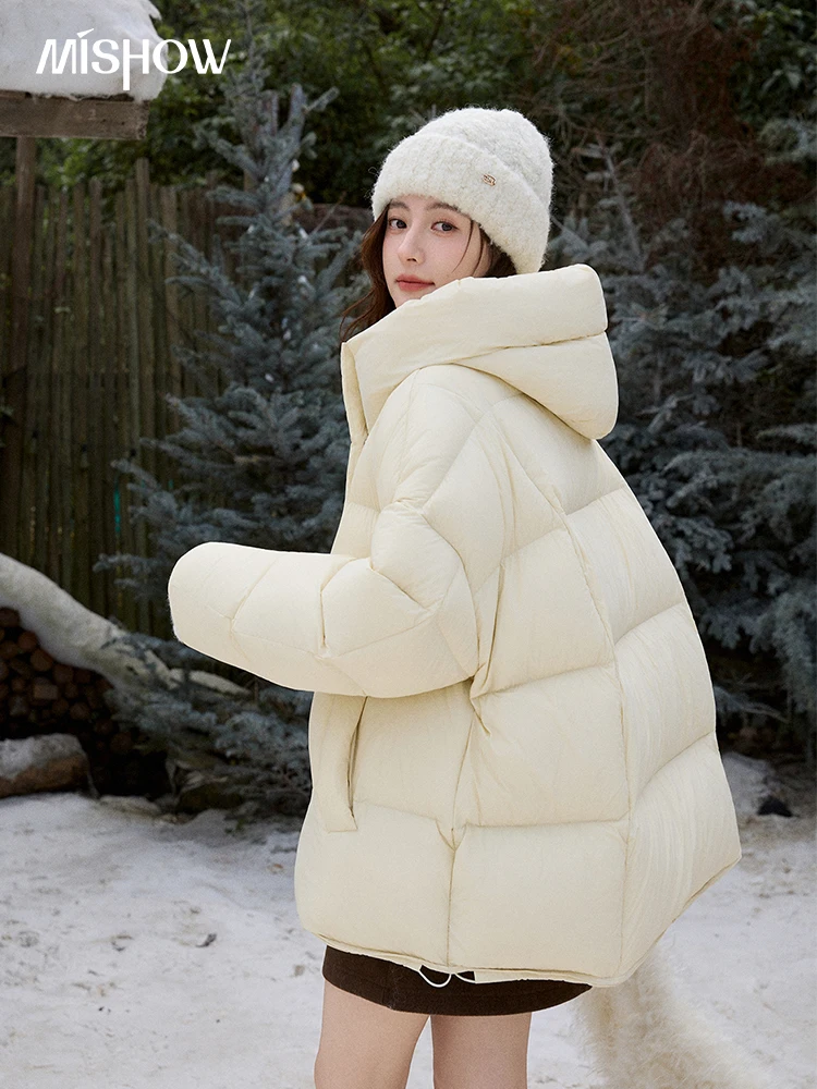 MISHOW suave 90 chaqueta con capucha de terciopelo para mujer 2025 chaqueta de pan amarillo leche de invierno chaqueta suelta abrigo de terciopelo cálido MXE92Y0090