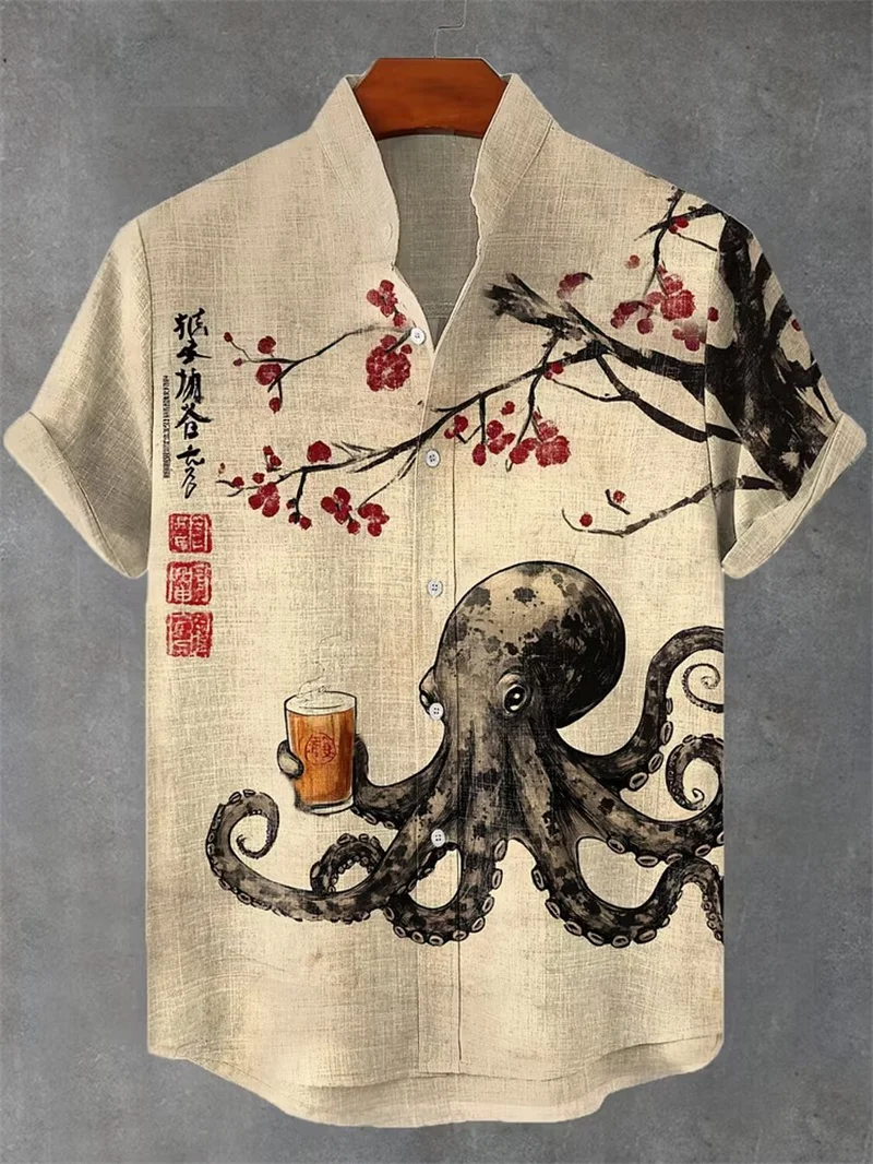 New men's new Chinese style green landscape pine crane gilded lapel short sleeved shirt, Chinese style retro shirt