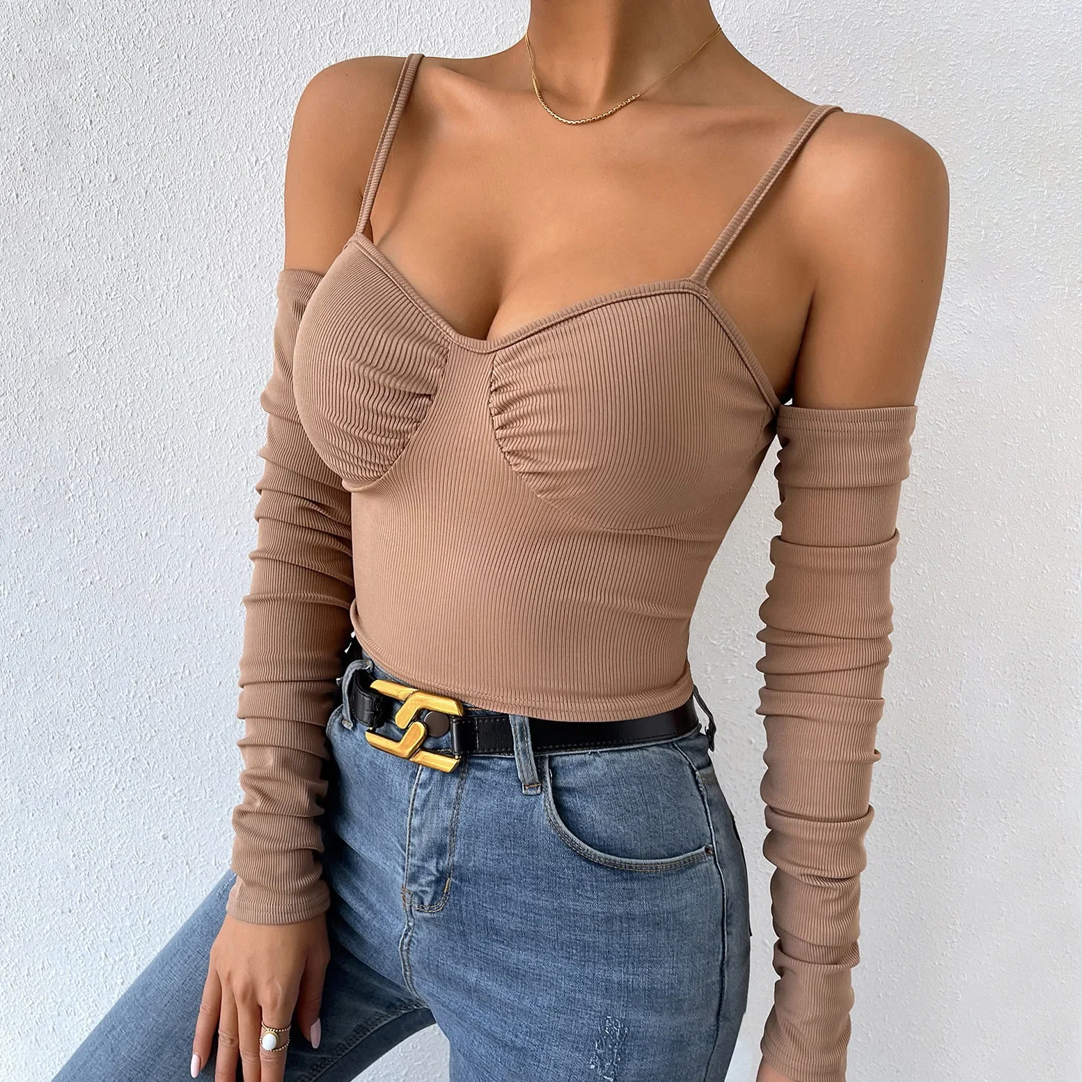 

Sexy V Neck Wrap Chest Rib Knitted Bare Midriff T Shirt Women Long Sleeves Bottoming Shirt Ladies Tee Shirt Tops Camisetas Mujer