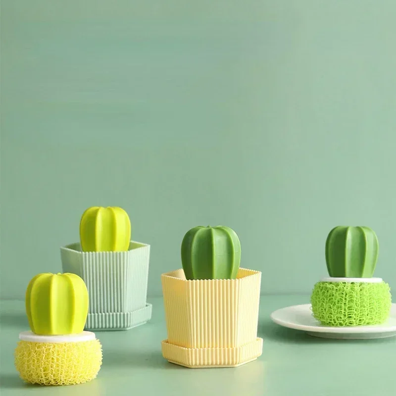 Cute Cactus Pot Brush Creative Microfiber Dish Cleaning Brush Storage Drain Tray Household Sponges Kitchen Dishwashing Utensils