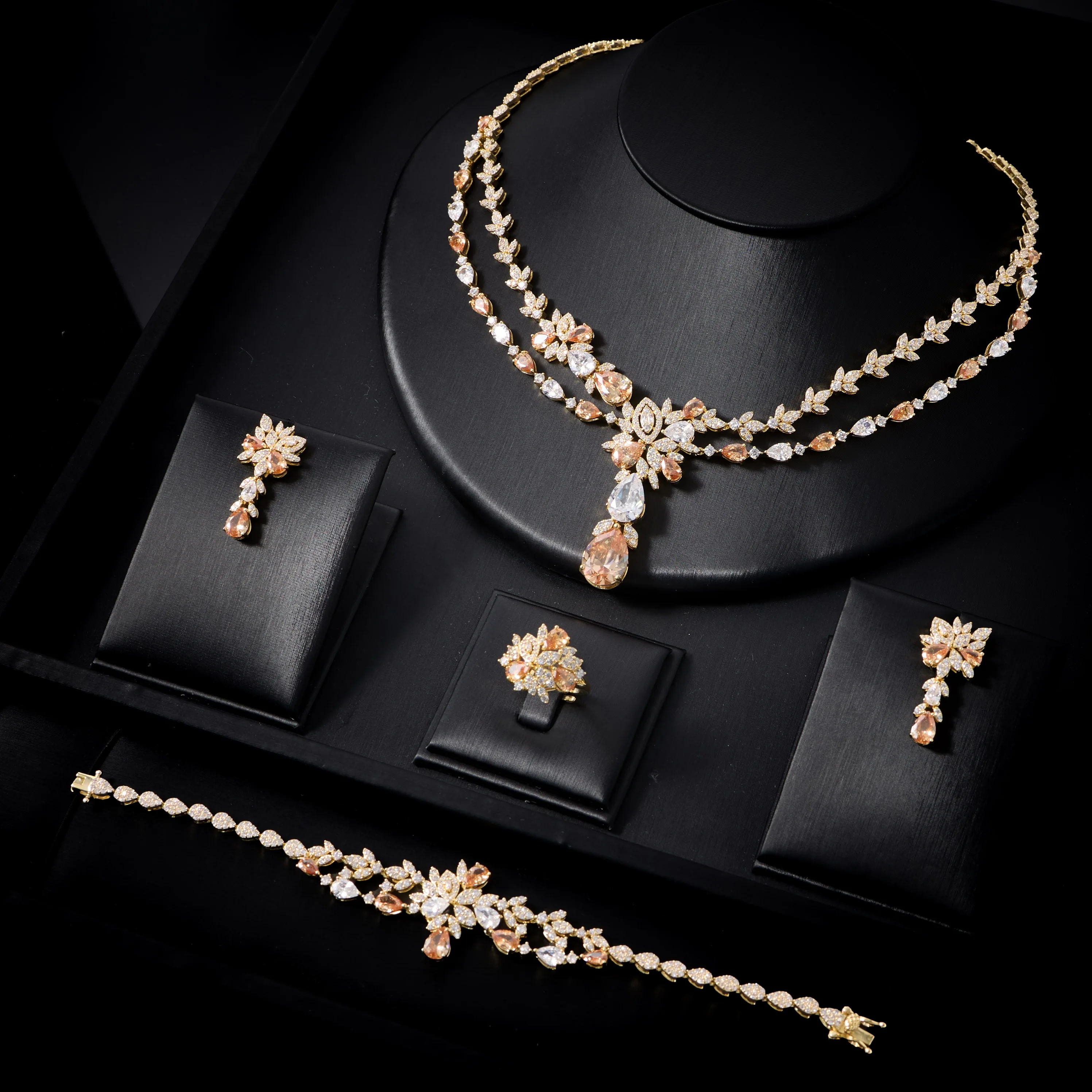IN JEWELIFE Bridal 4Pcs Wedding Jewelry Set for Women Sparkling Cubic Zirconia Double Layer Necklace Earrings Ring Bracelet Brid