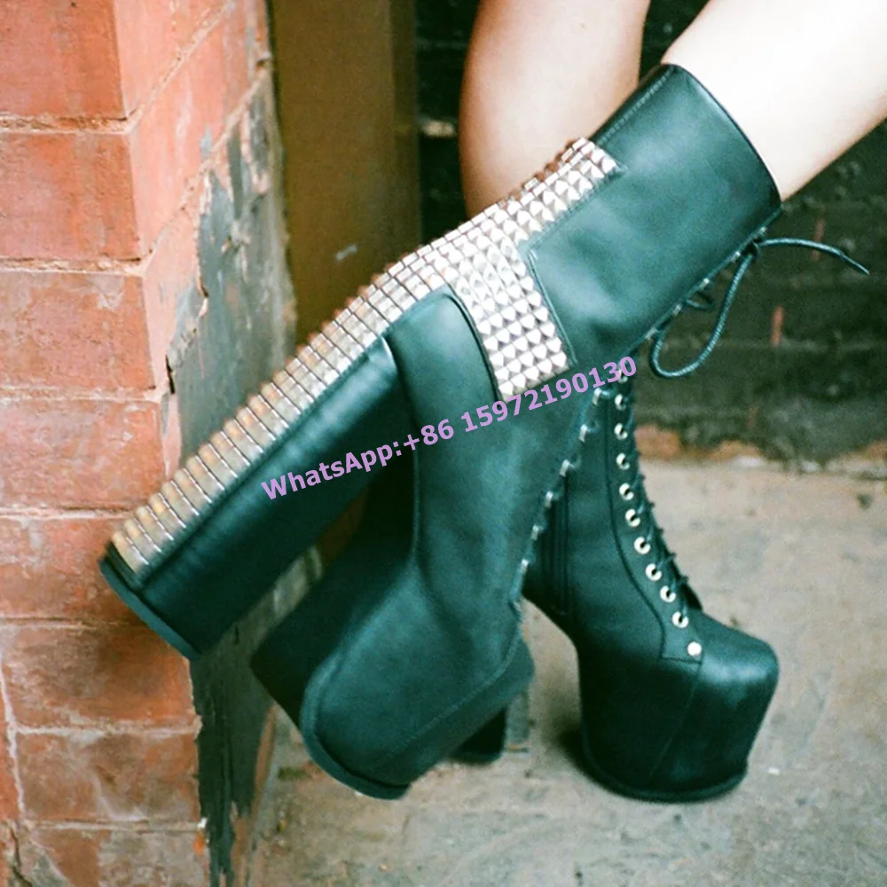 

Cross Shape Rivet Platform Boots Black Round Toe Square Heels Cross Tied Side Zipper Ankle Boots Hotties Sexy Vocation Shoes