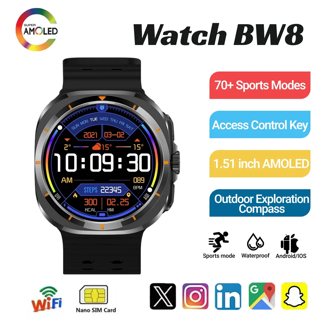 2026 New 4G All Network BW8 Smart Watch Android OS 1.51 Inch Screen 400mah Battery Google Play Passometer Sleep Tracker SIM Card