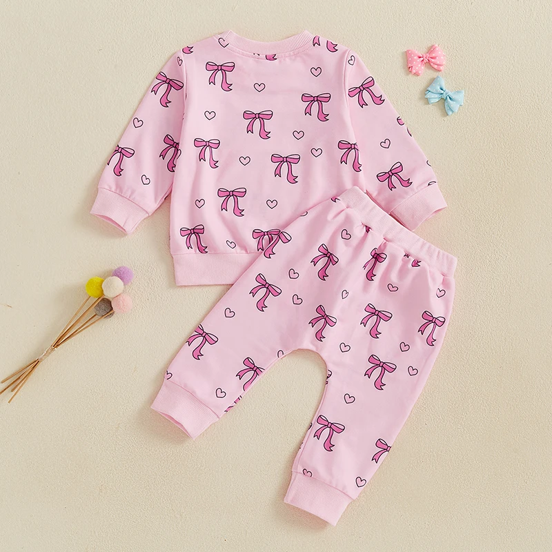 Baby Girls 2-piece Outfit Bow Print Long Sleeve Crew Neck Sweatshirt with Elastic Waist Sweatpants Fall Clothes image 4