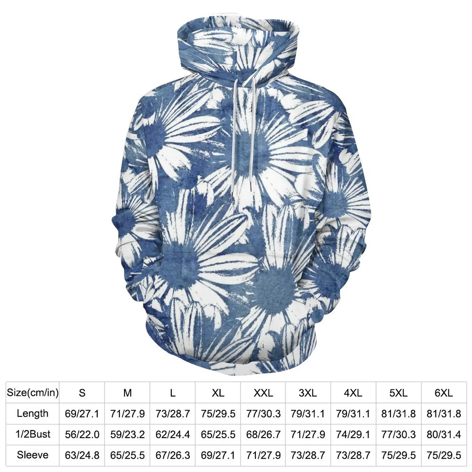 Watercolor Daisies Loose Hoodies Abstract Floral Design Street Wear Hoodie Men Long-Sleeve Retro Hooded Sweatshirts Plus Size