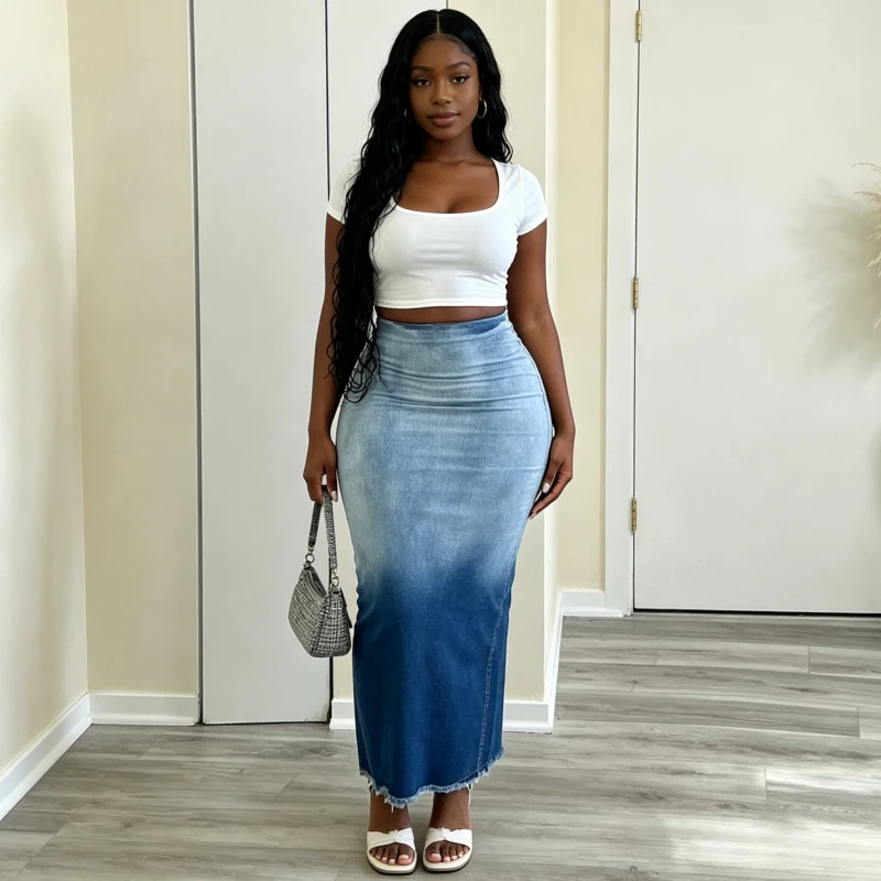 Denim Skirts Women Split Wrap Buttocks Gradient Streetwear Tassels Distressed Zipper Ankle Length Medium Strecth Long Skirt 2026