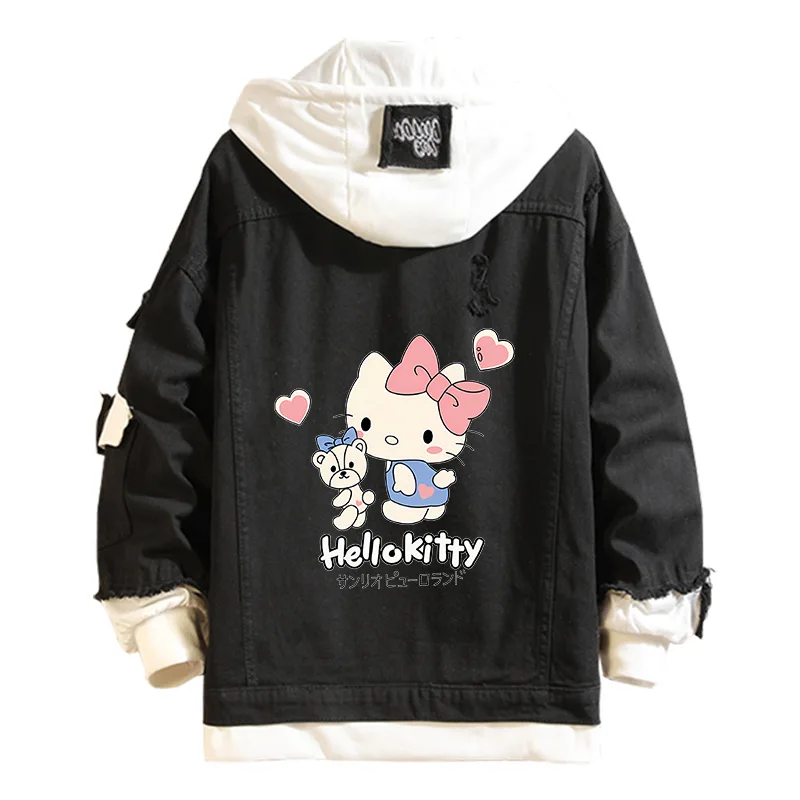 New Hello Kitty Kawaii Print Spring and Autumn Hoodie Coat Sweatshirt Unisex Ripped Hole Cosplay Hoodie Long-Sleeved Denim Jacke