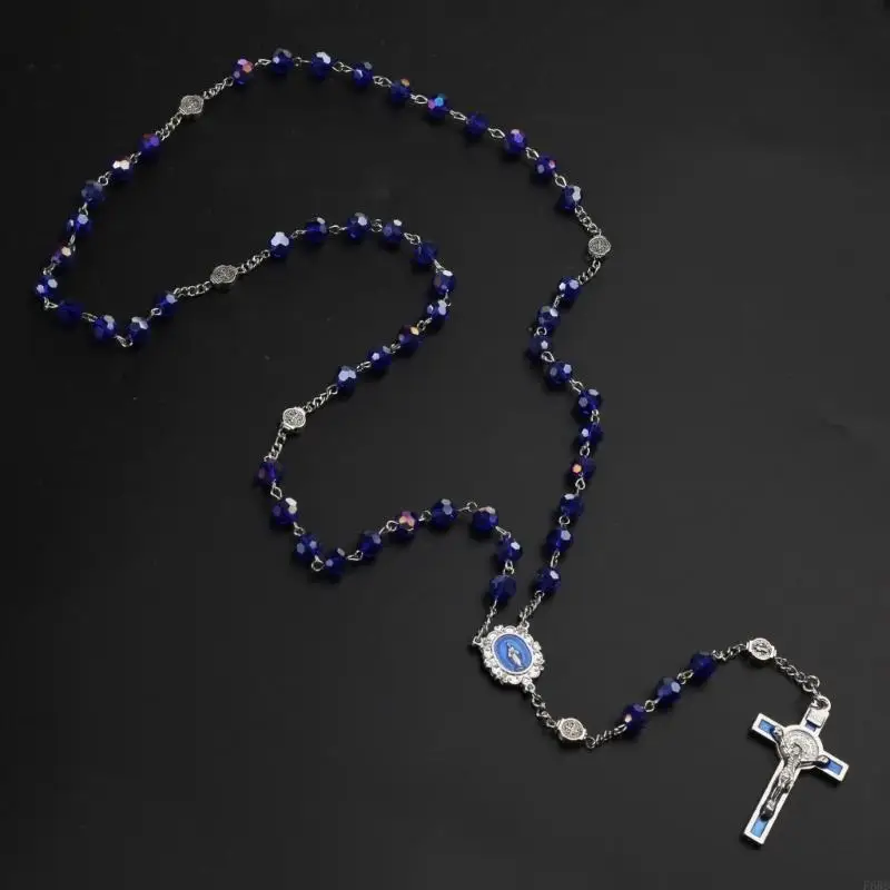 F68D Blue Crystal Bead Rosary Necklace Vintage Catholic Religious for Cross Jesus Pen