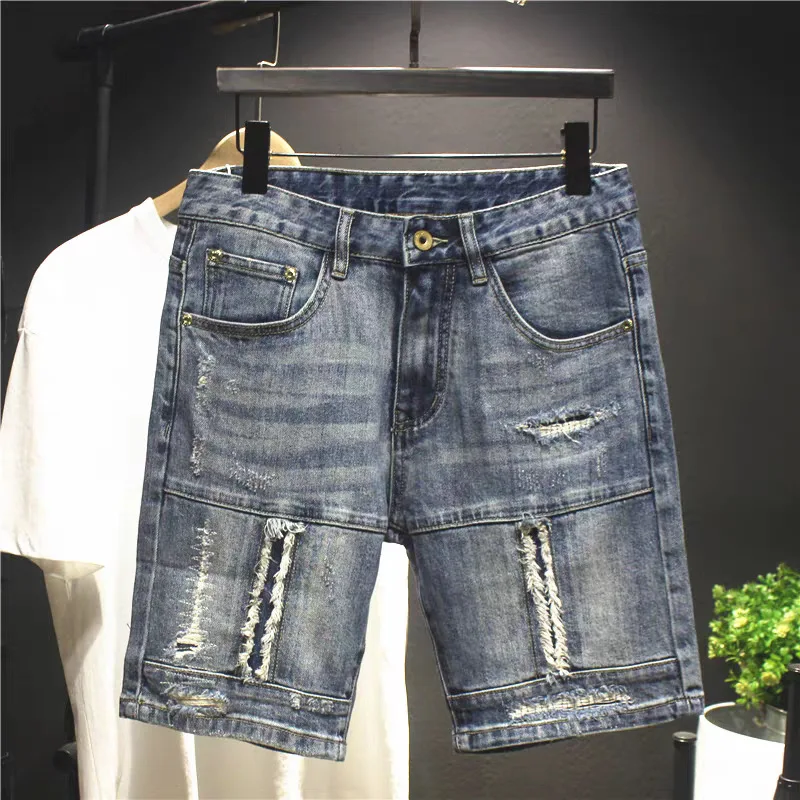

splicing five-point jeans men's high-end Japanese and Korean version slim-fit elastic casual shorts trendy middle pants breeches