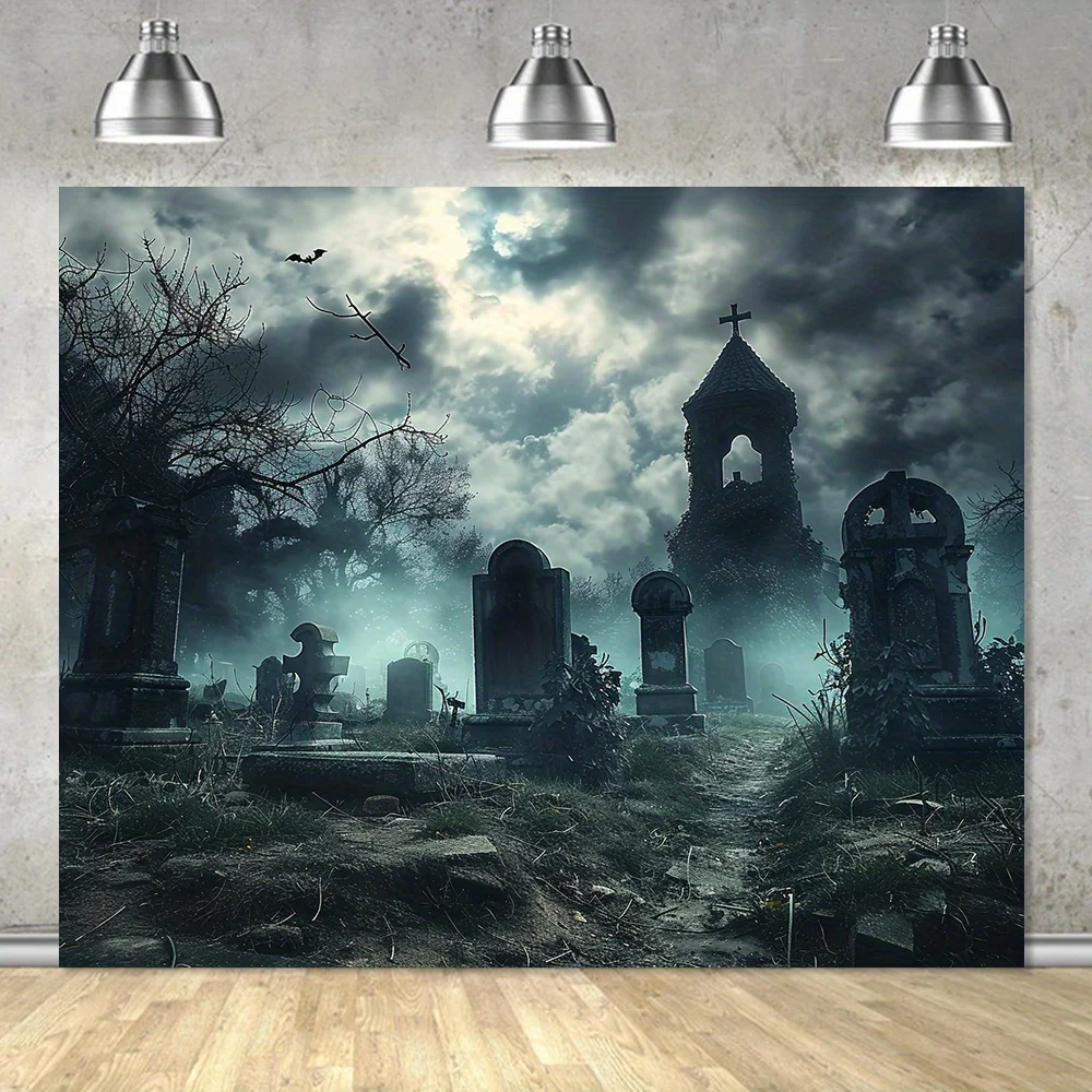 Halloween gloomy tombstone haunted house background, creepy night horror forest ghost party