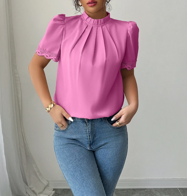 

Simple and fashionable style embroidered sleeve round neck top for summer women's elegant slim fit bubble sleeve chiffon top