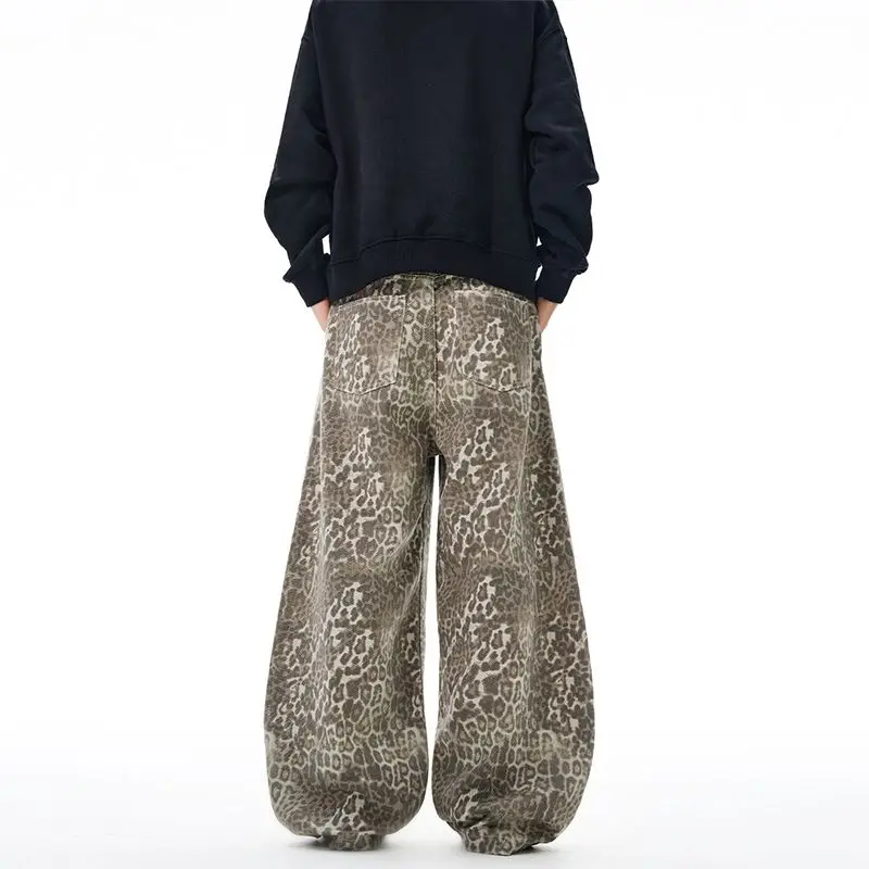Americano retro vintage leopardo impressão faca curvada calças para homens e mulheres high-end solto silhueta até o chão unisex jeans