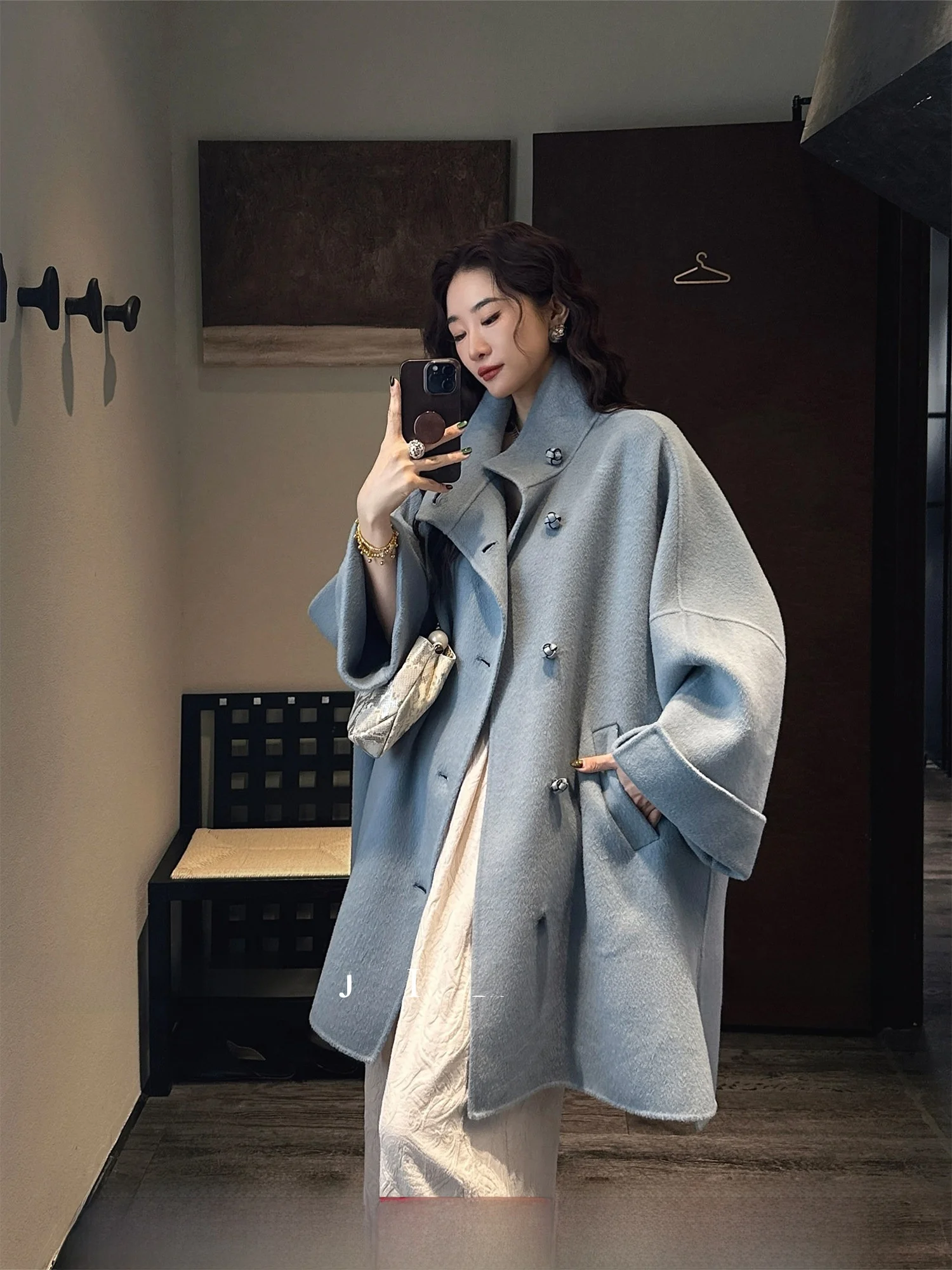 

Пальто Sanji Bla Flower из двусторонней шерсти с воротником-стойкой, зимняя модная верхняя одежда в корейском стиле, прямой крой, костюмный фасон