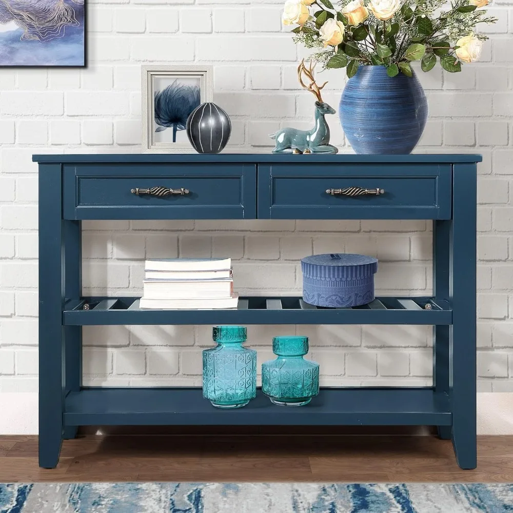 

Solid Wood Console Table Entryway Table with Storage Drawers and Shelves Sofa Table for Entry Hallway Foyer(42" Navy Blue)