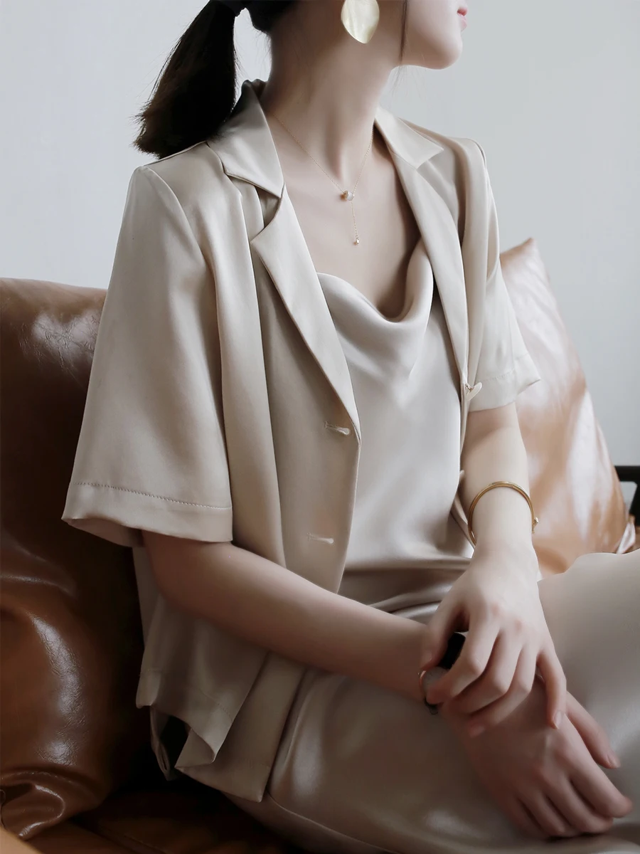 

Warmo Summer Silk Acetate Satin Loose Fit irt Design Sensation Outerwear Small irt Casual Commute Sle Pure Color