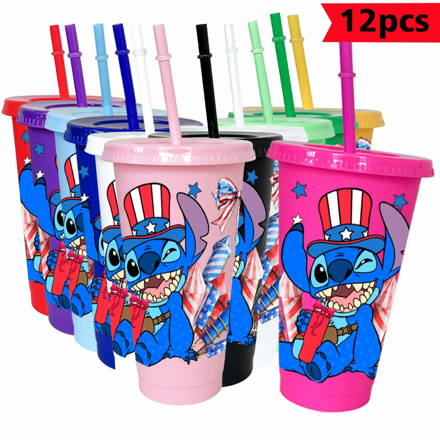 

12pcs/lot Disney Stitch American Style 26oz Colorful Plastic Tumbler Birthday Party Drink Set Juice Coffee Cup