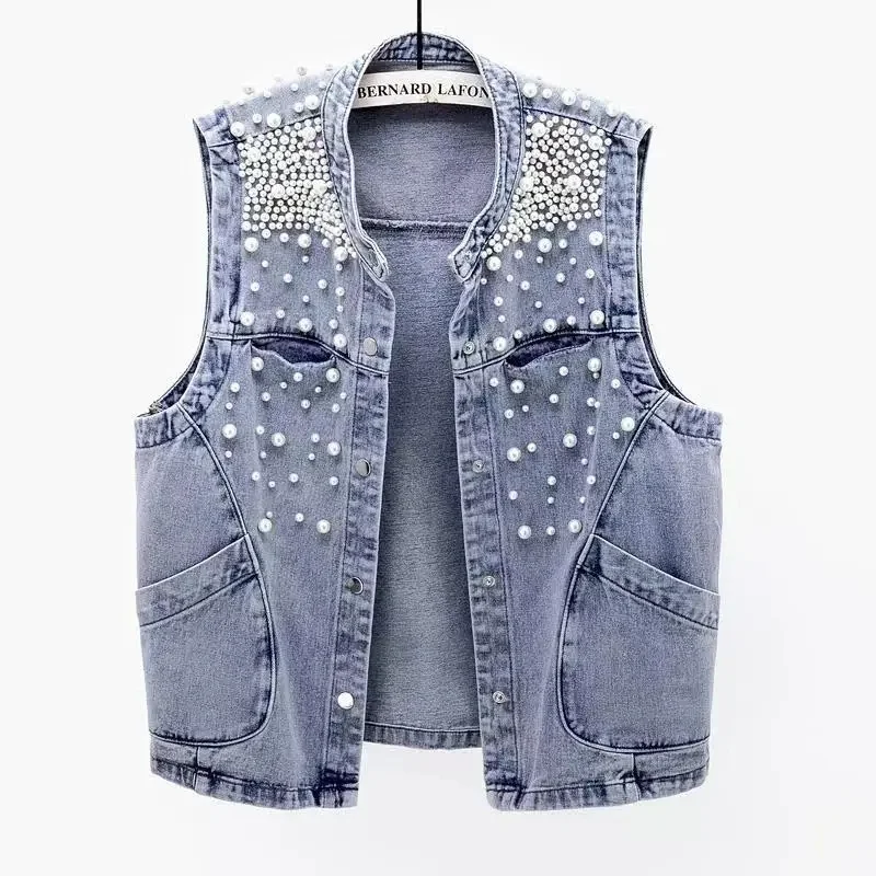 Summer Women's Beaded Denim Vest Coat Sleeveless Tops Cropped Streetwear Jean Jacket Korean Fashion Waistcoat 2023 New