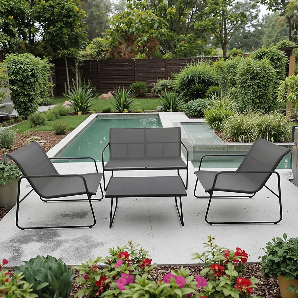 

Outdoor Garden Patio Steel 4pcs Sofa Set Simple Design Steel Cheap Hotel Chair and Table Set