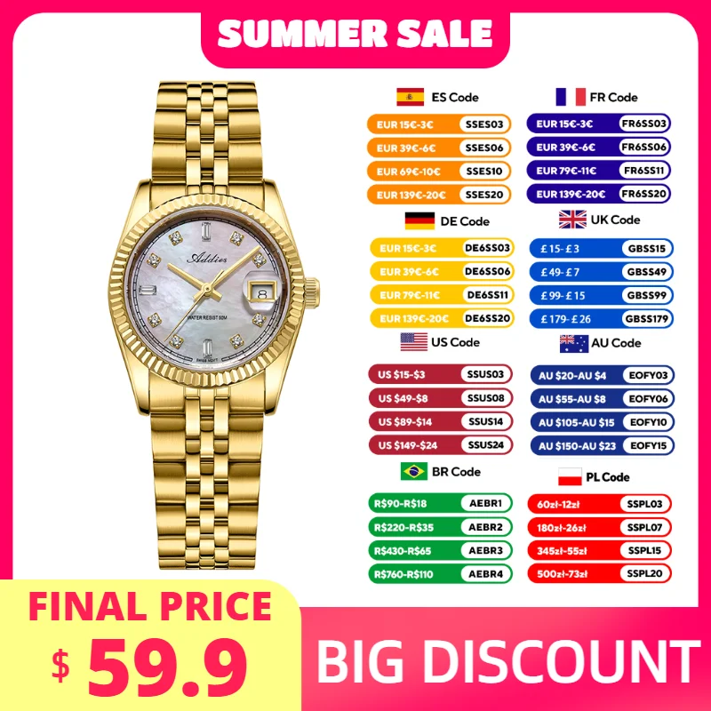 

ADDIES New Luxury Women's Watches Sapphire Glass Swiss 585 Quartz Movement 5Bar Waterproof 316L Stainless Steel Ladies Watch