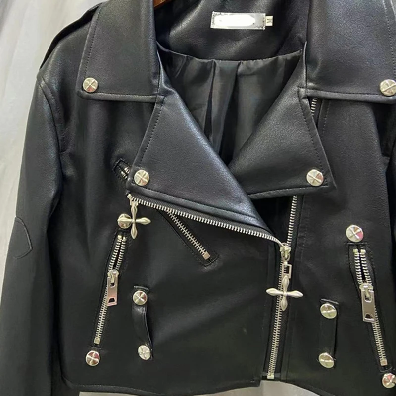 Women Jacket Faux PU Leather Lapel Zipper Jacket Women Casual Motorcycle Leather Streetwear Coat