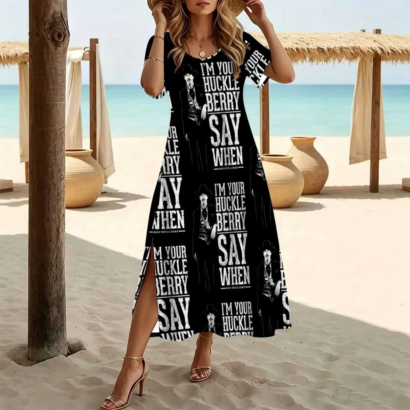 I'm Your Huckleberry - Say When Women's Round Neck Short Sleeve Split Long Dress