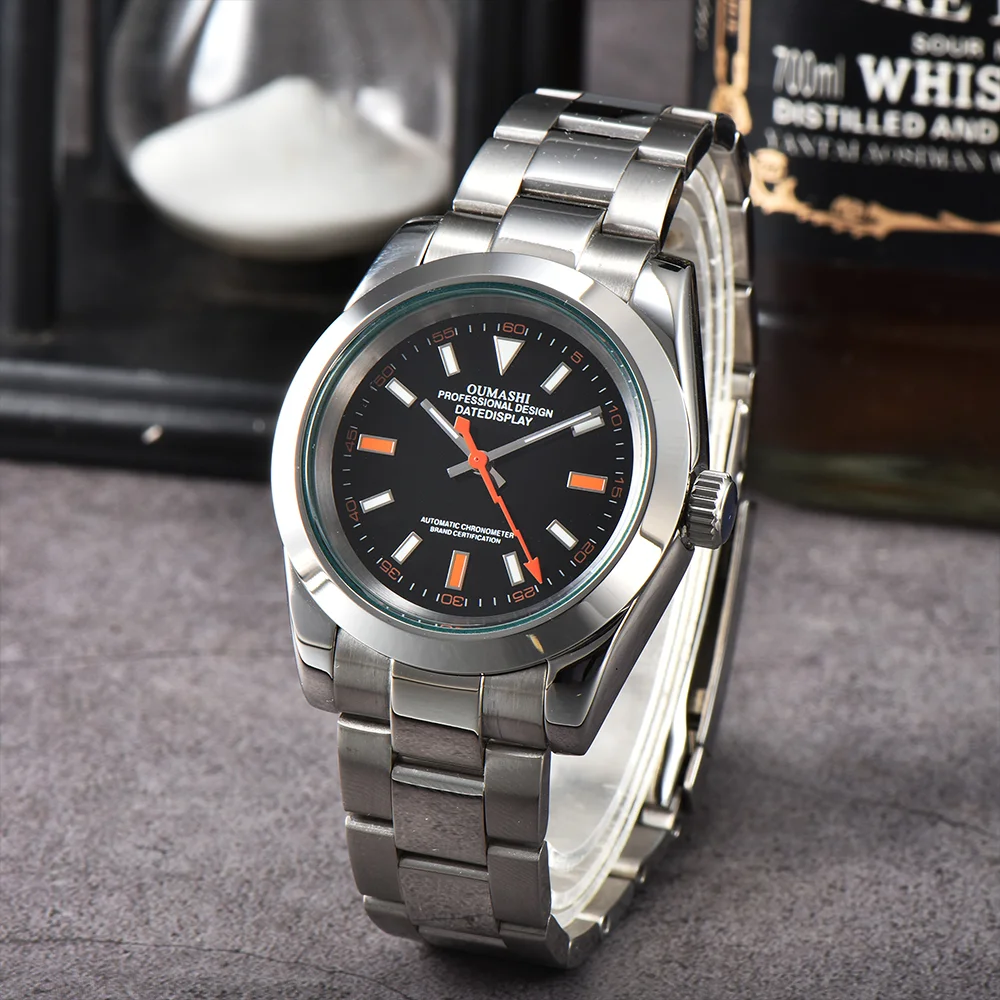 OUMASHI Men Automatic Mechanical Watch Green Crystal Orange Lightning Hand Luminous Dial Sport Business Male Wristwatch