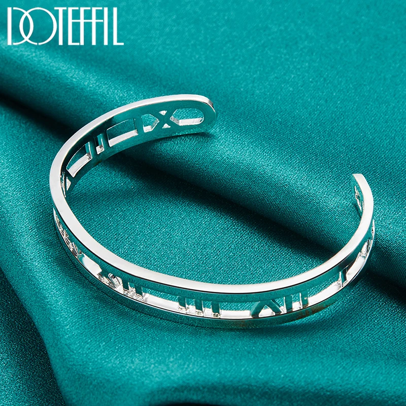 DOTEFFIL 925 Sterling Silver Roman Numerals Bangle Bracelet For Woman Man Fashion Wedding Engagement Party Jewelry