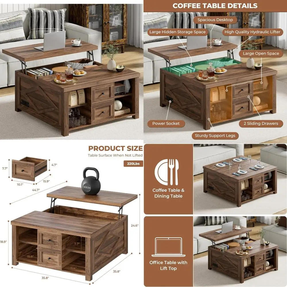 

Квадратный журнальный столик в стиле фермерского дома с подъемной столешницей и зарядной станцией для гостиной