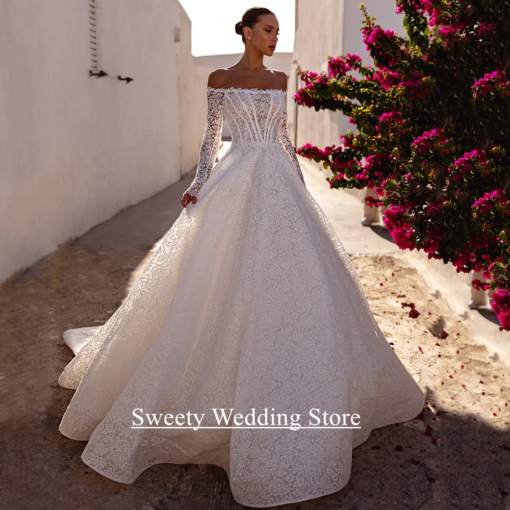 Wunderschönes Spitzenhochzeitskleid, maßgeschneidert, U-Boot-Ausschnitt, lange Ärmel, Hofschleppe, durchsichtiges Damen-Brautkleid, Vestido De Noiva