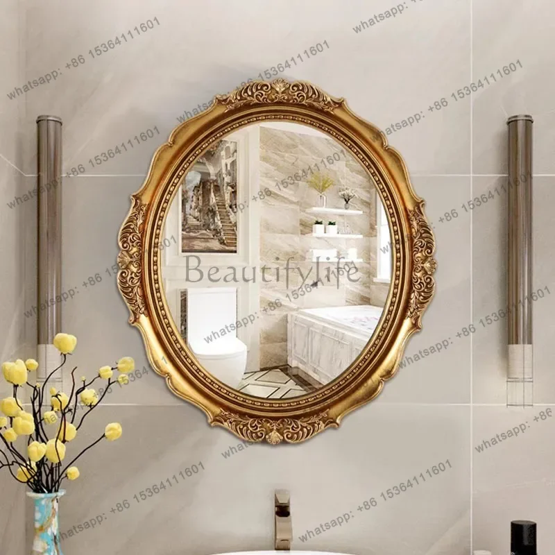 European American Vintage Oval Bathroom Mirror with Carved Frame Wall Mounted Art Decorative Mirror for Bathroom and Entryway