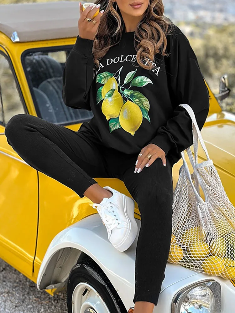 

Elegant Pattern Print Sportswear Set Casual O-neck Long Sleeve Tops Long Pant Outfits 2025 Women's Fashion Homewear 2 Piece Suit