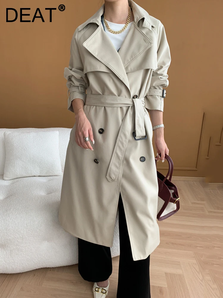 

DEAT Fashion Women's Trench Coat Lapel Long Sleeves Double Breasted Loose Ajustable Waist Windbreaker Autumn 2024 New 7AB4850