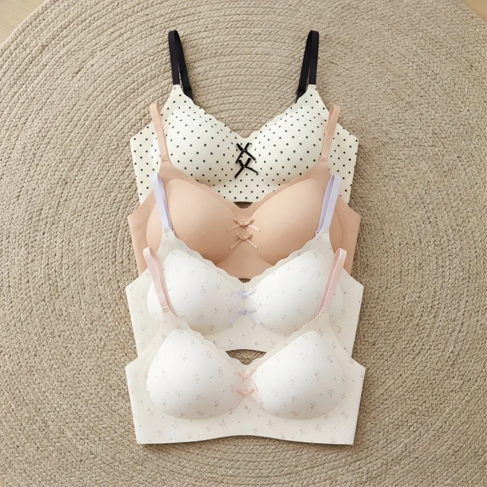 Traceless Dots Wireless V Bra Flower Bow Gathered Breasts Seamless Floral Print Bra Anti-sagging Lingerie Push Up Underwear