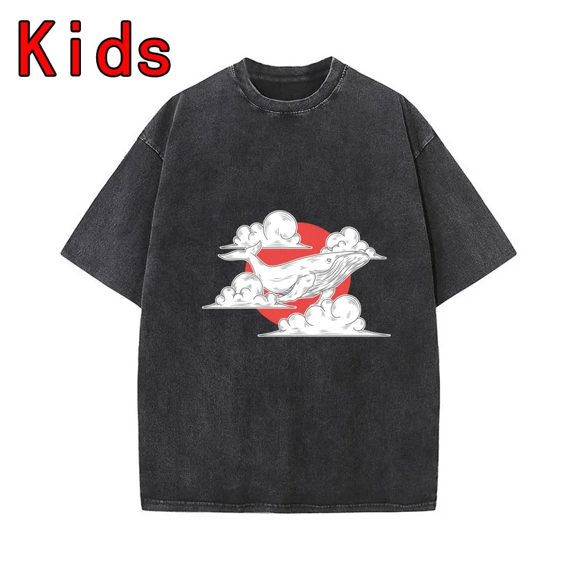 Japanese style Shark Auspicious Clouds Print Boys Retro Style T Shirt Summer Girl Children's Neutral T-Shirts Short Sleeves Kids