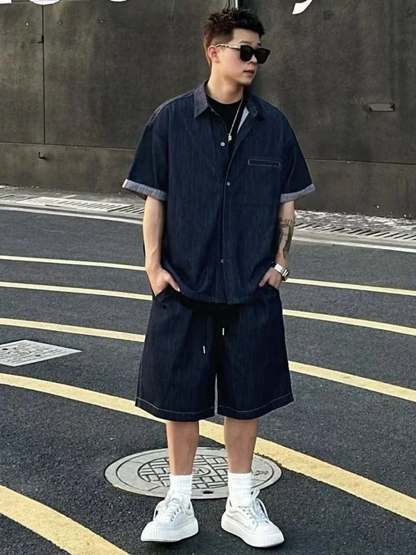 

Новый летний мужской американский трендовый простой джинсовый комплект High Street Sle ort Sve irt orts Комплект из двух предметов Faionable...