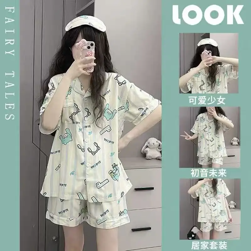 Cartoon Japanese-Style Hatsune Miku Women's Summer Pajamas Set Print T-Shirt and Shorts Thin Version Student Homewear Set Gifts