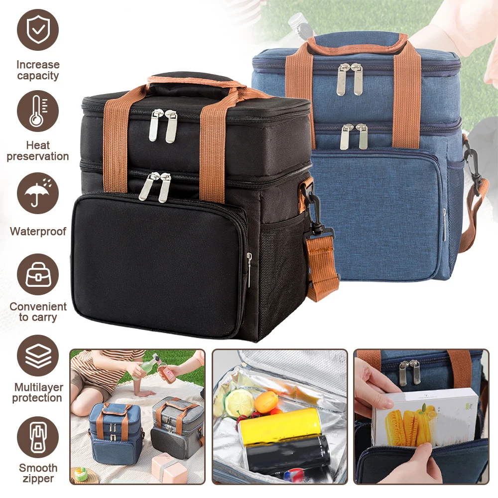 Großvolumige, doppellagige, isolierte Lunch-Kühltasche, spritzwassergeschützter kationischer Oxford-Thermo-Lebensmittelträger mit mehreren Taschen, abnehmbarem Schultergurt, Wärme-Kälte-Speicherbox