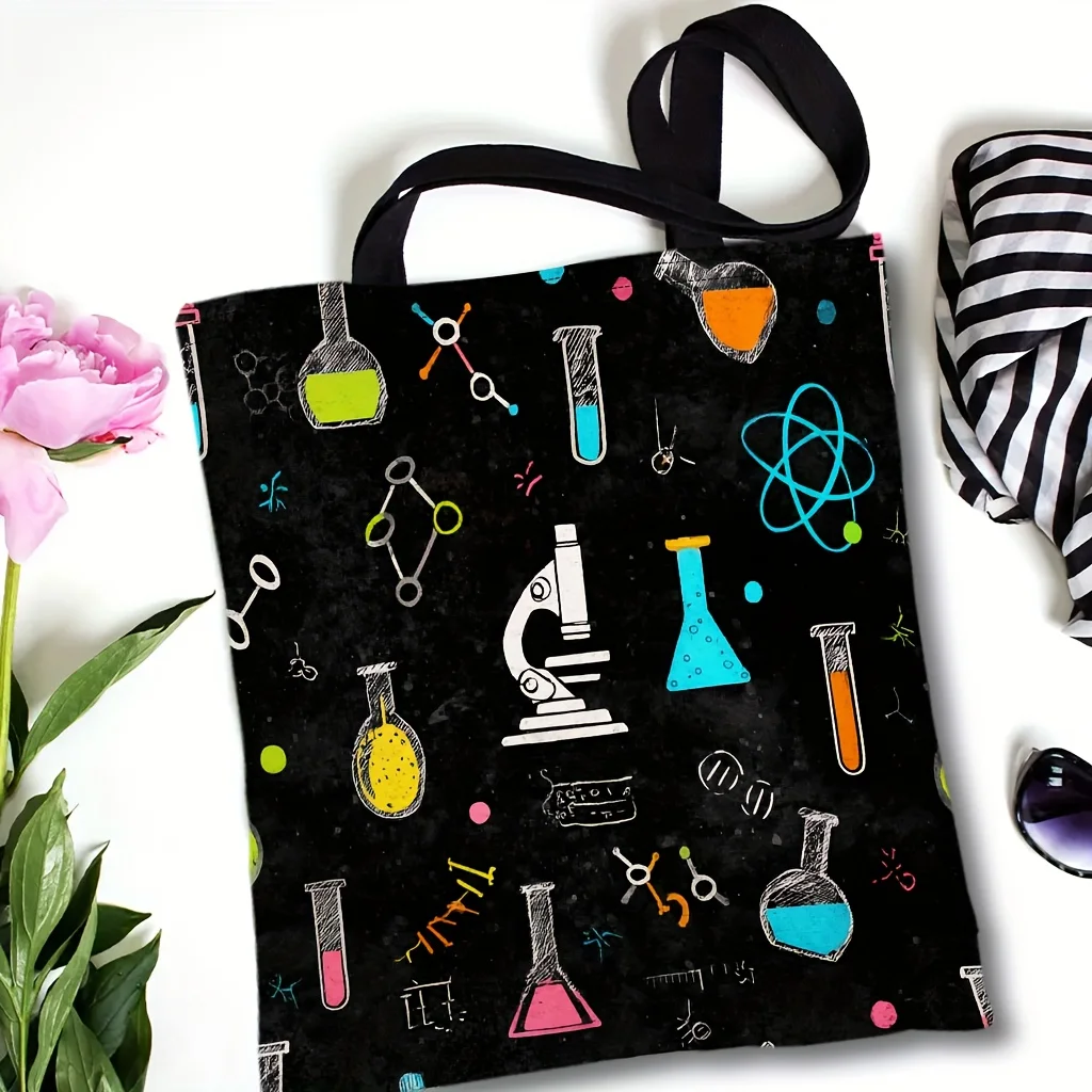 1pc Reversible Science Themed Tote Bag Durable Polyester Multi Functional Shoulder Bag Colorful Scientific Illustrations