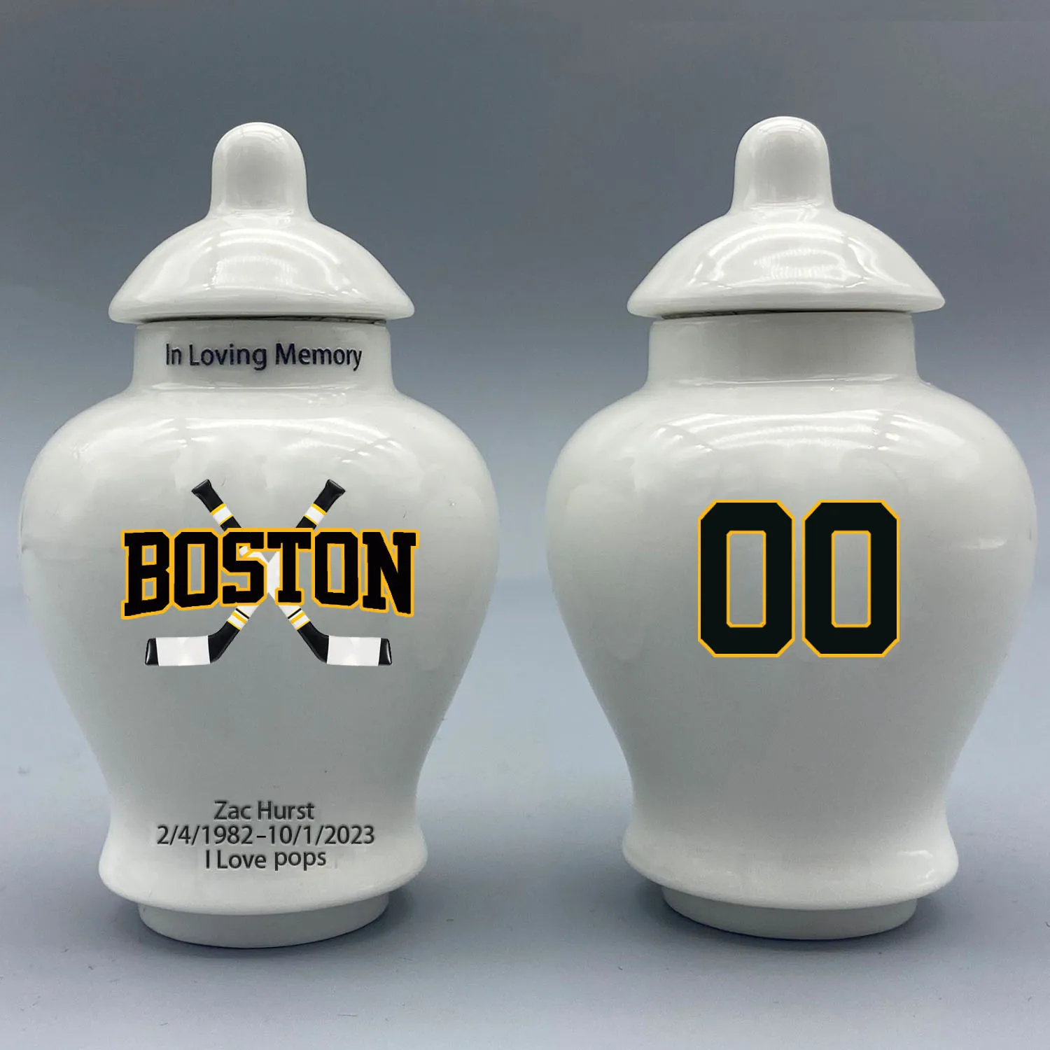 

Mini Urn for Boston Bruins-themed Hockey Urn.Please send me the customization information - name/date and number on the urn