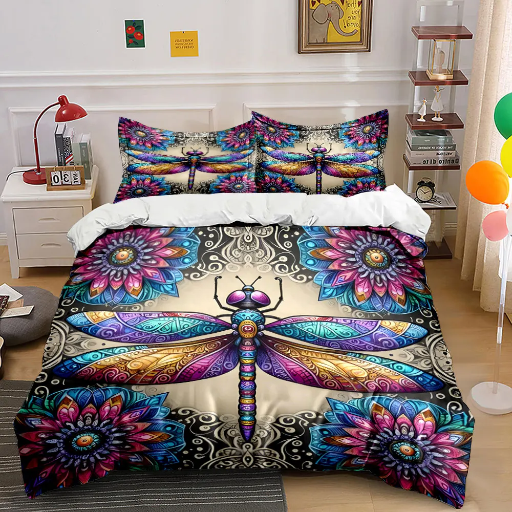 Colorful Dragonflies and Floral Art Pattern Duvet Cover Set Digital Print Colorful Polyester Bedding with Zipper Closur gifts