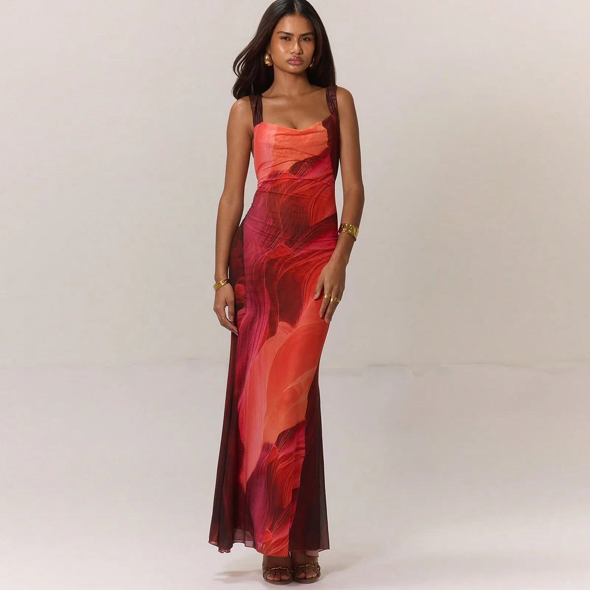 Elegantes, ärmelloses Neckholder-Kleid für Damen mit Farbblock-Print im Meerjungfrau-Saum