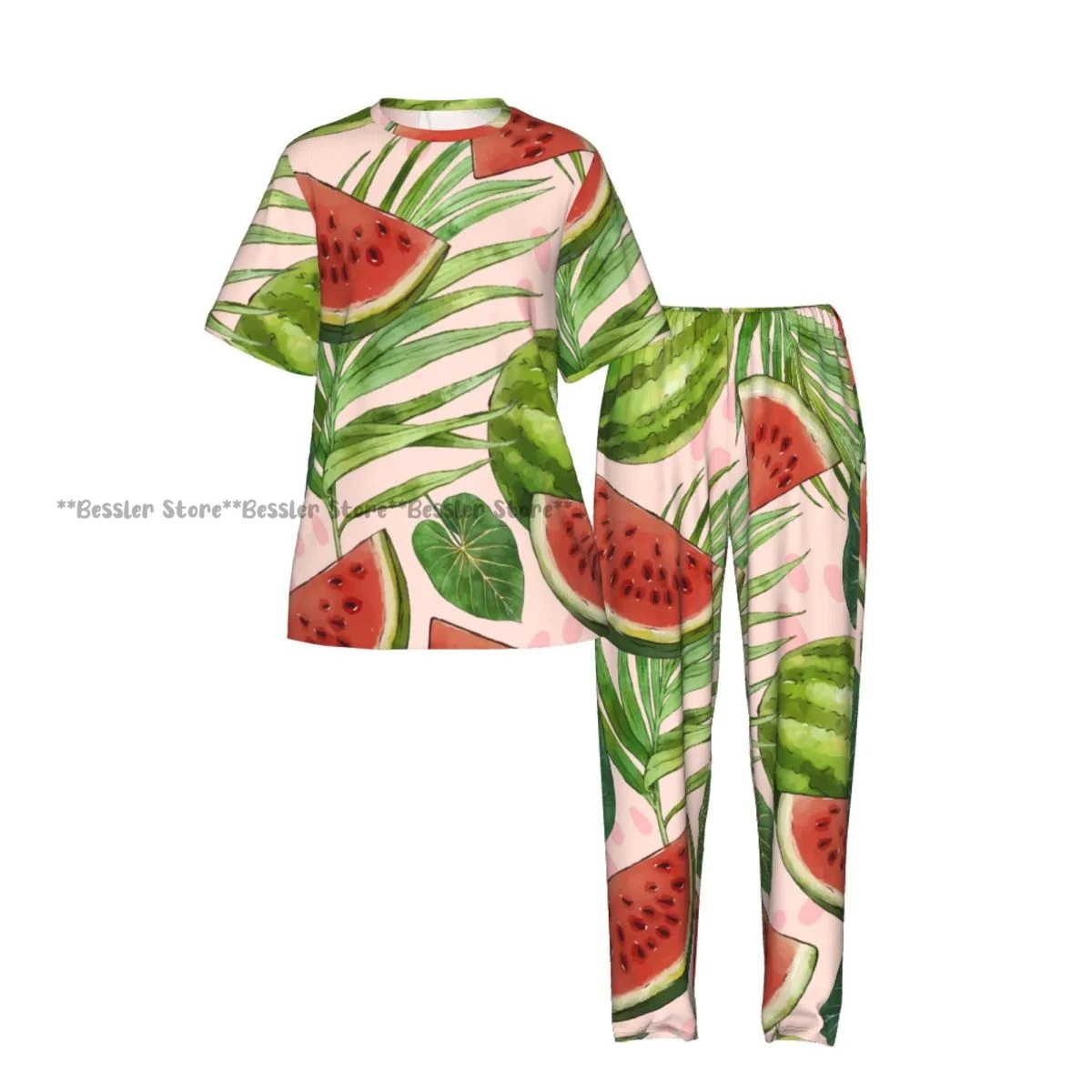 Women Pajama Sets Lounge Sleepwear Summer Tropical Leaves Short Sleeve Nightwear