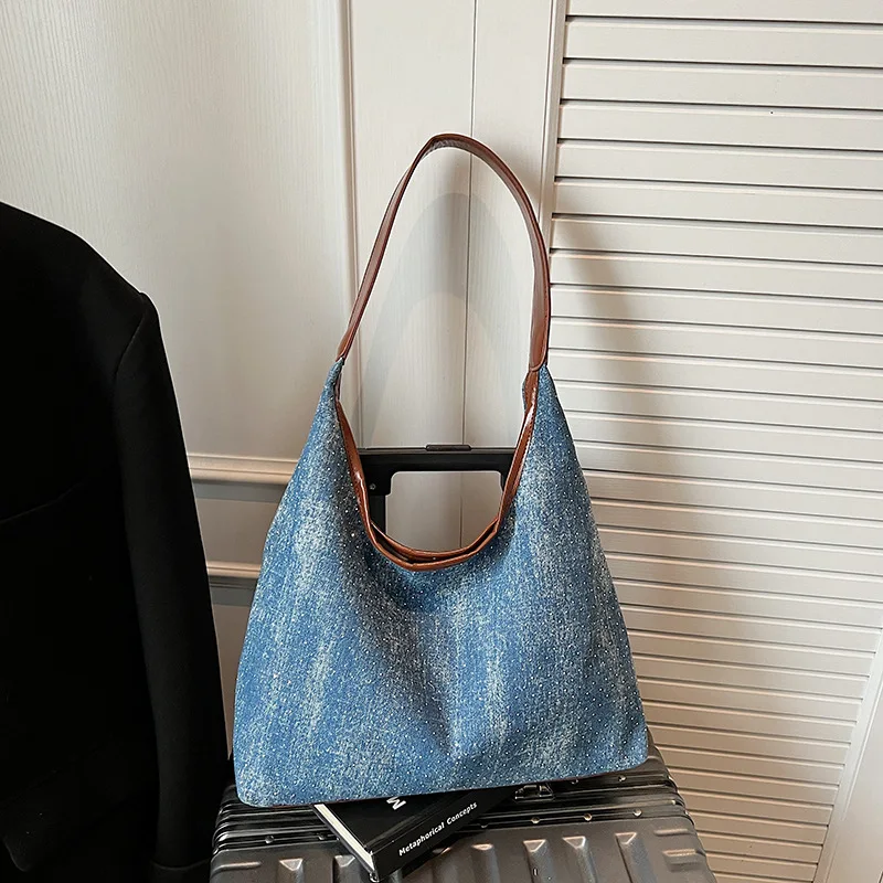 

New Women's Oblique Span Bag Solid Color Simple Denim Shoulder Bag Large Capacity Casual Versatile Commuter Women's Bag