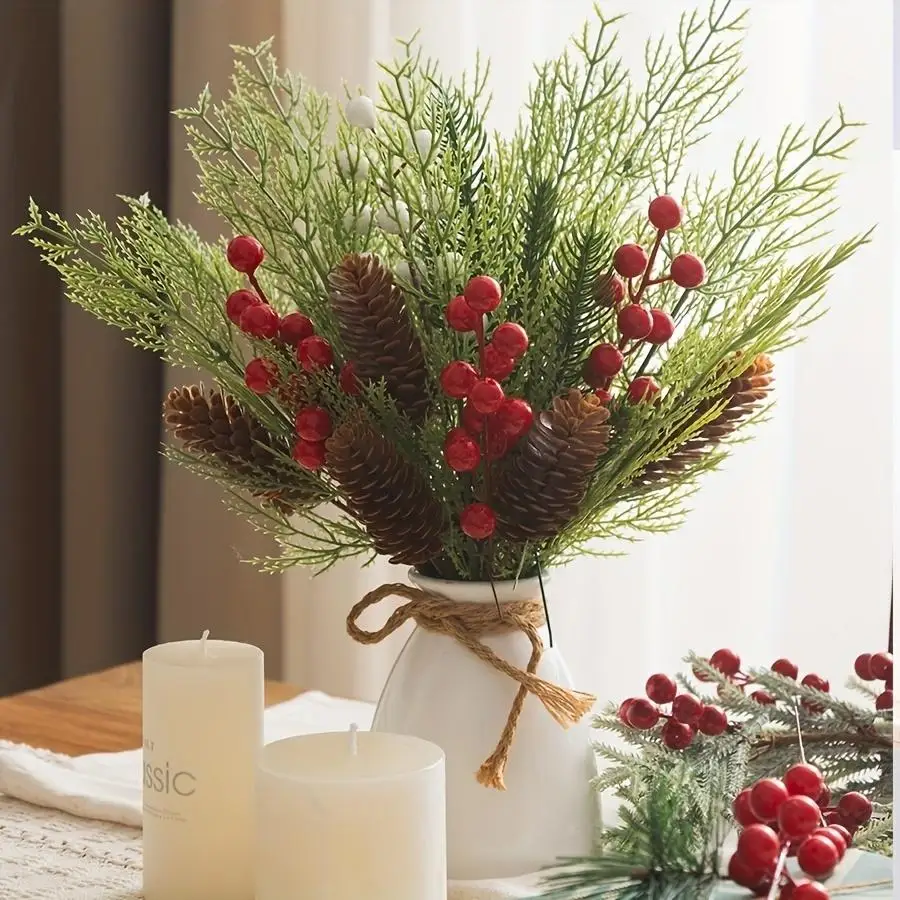 1/5/10/20/50/100pcs Artificial Pine Cones and Red Berries Combination Set, Faux Pinecone Christmas Decorations, DIY Wreath, Arti