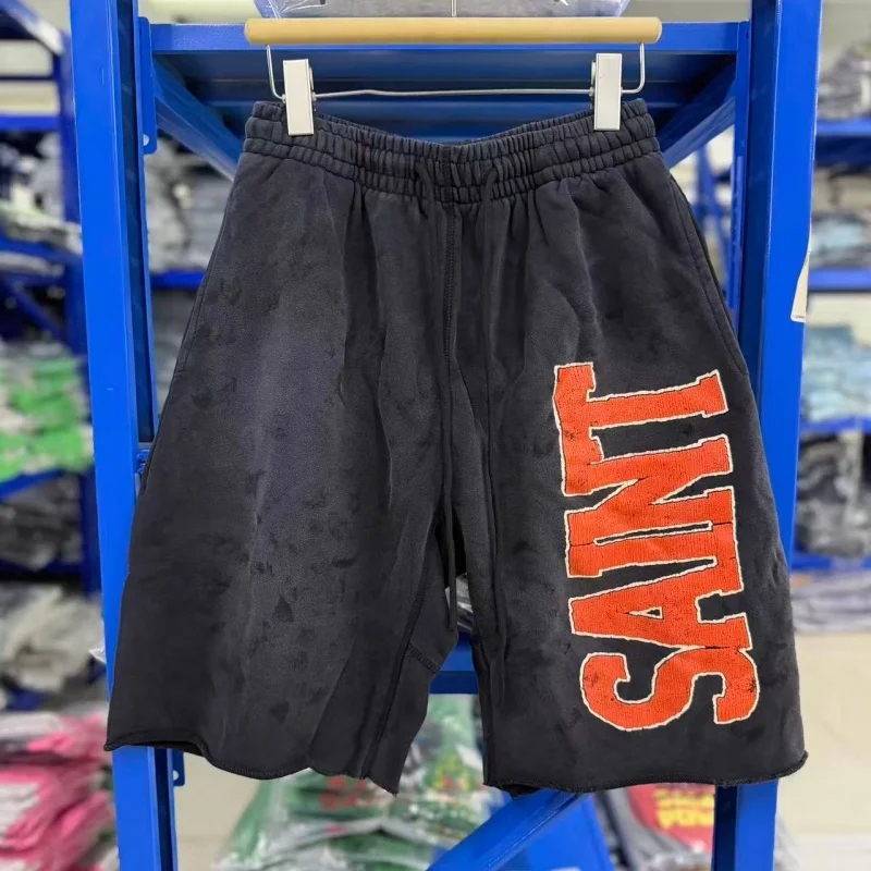 Heavy Industry Washed SAINT Shorts Summer Hip-Hop Distressed Vintage Men's Women's High-Quality Jodhpurs