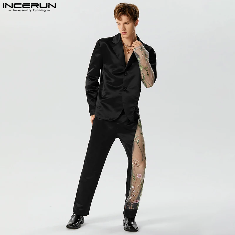 2023 Men Sets Embroidery Mesh Patchwork Streetwear Lapel Long Sleeve Blazer & Pants 2PCS Fashion Men Casual Suits S-5XL INCERUN